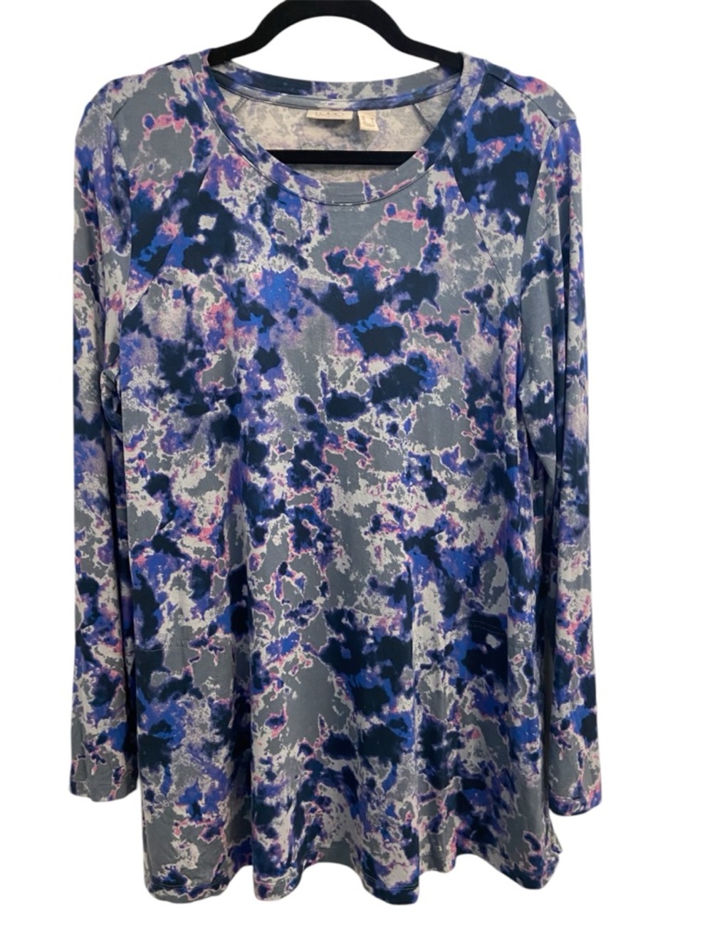 LOGO by Lori Goldstein Tie Dye Long Sleeve Knit Tunic Top Pullover Blue Gray M